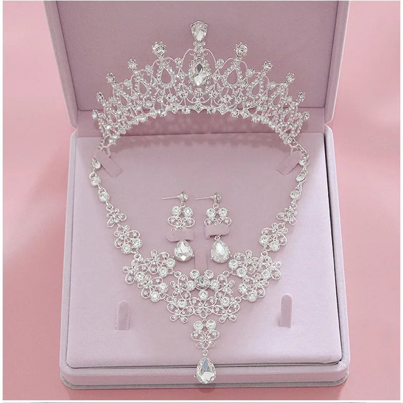 Luxury Crystal Wedding Bridal Jewelry Sets Women/Girl Gold Color Tiara/Crown Earrings Choker Necklace Bride Jewelry Set