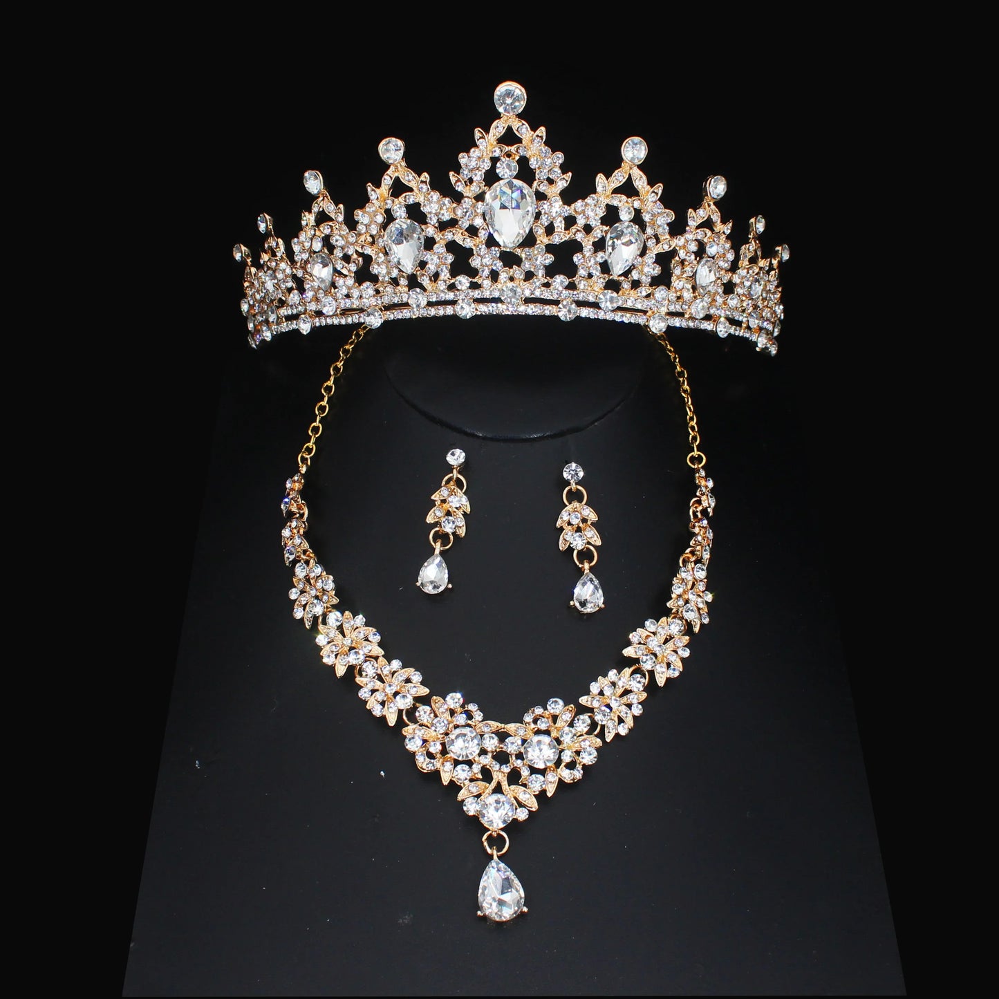Luxury Crystal Wedding Bridal Jewelry Sets Women/Girl Gold Color Tiara/Crown Earrings Choker Necklace Bride Jewelry Set