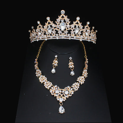 Luxury Crystal Wedding Bridal Jewelry Sets Women/Girl Gold Color Tiara/Crown Earrings Choker Necklace Bride Jewelry Set