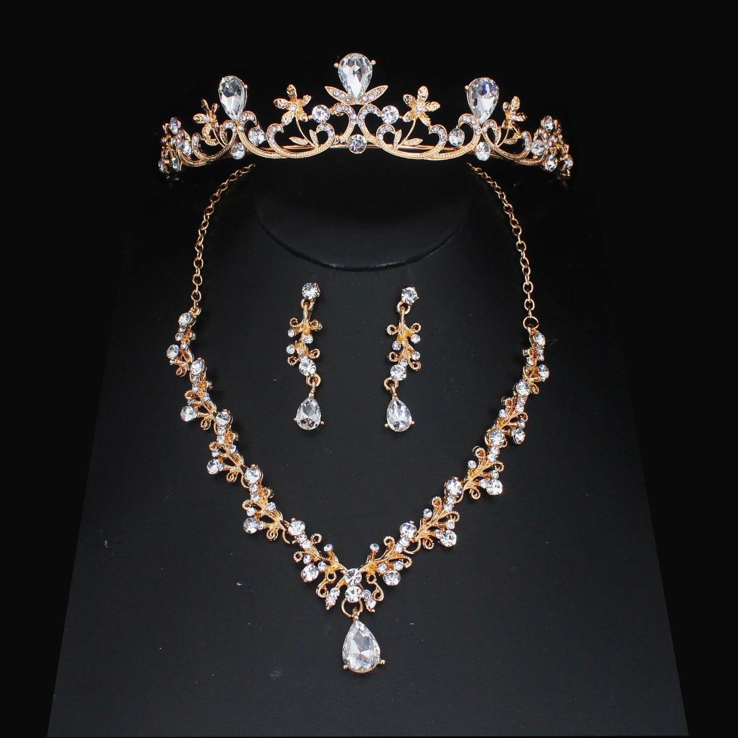 Luxury Crystal Wedding Bridal Jewelry Sets Women/Girl Gold Color Tiara/Crown Earrings Choker Necklace Bride Jewelry Set