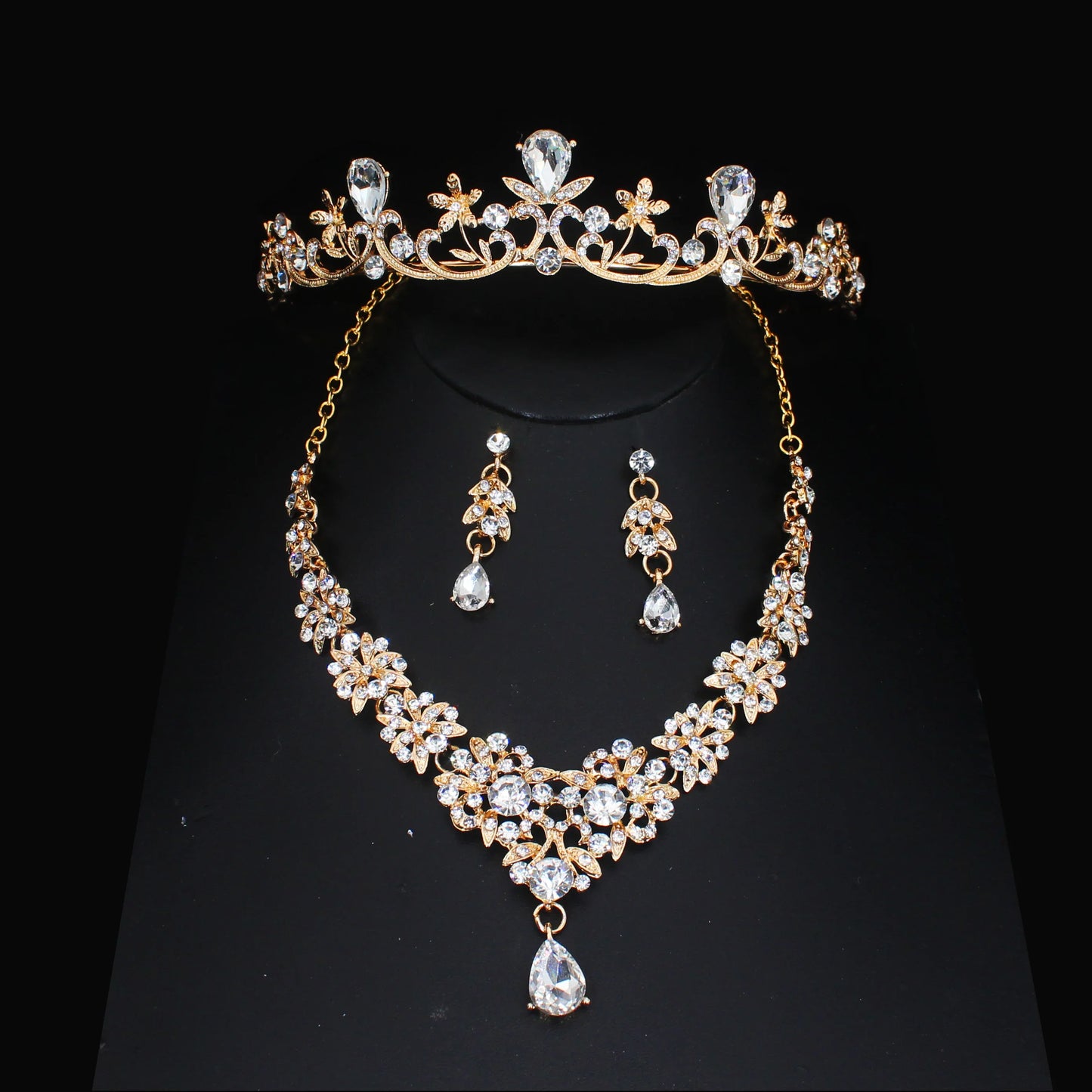 Luxury Crystal Wedding Bridal Jewelry Sets Women/Girl Gold Color Tiara/Crown Earrings Choker Necklace Bride Jewelry Set