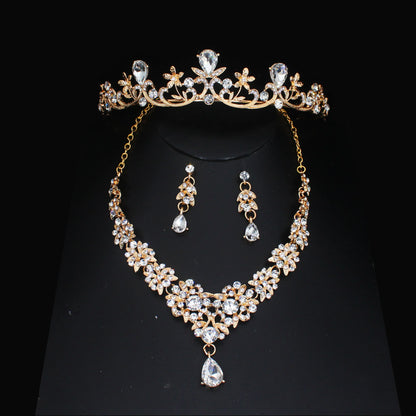 Luxury Crystal Wedding Bridal Jewelry Sets Women/Girl Gold Color Tiara/Crown Earrings Choker Necklace Bride Jewelry Set