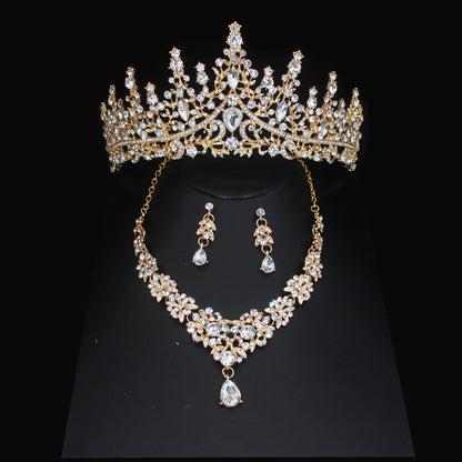 Luxury Crystal Wedding Bridal Jewelry Sets Women/Girl Gold Color Tiara/Crown Earrings Choker Necklace Bride Jewelry Set