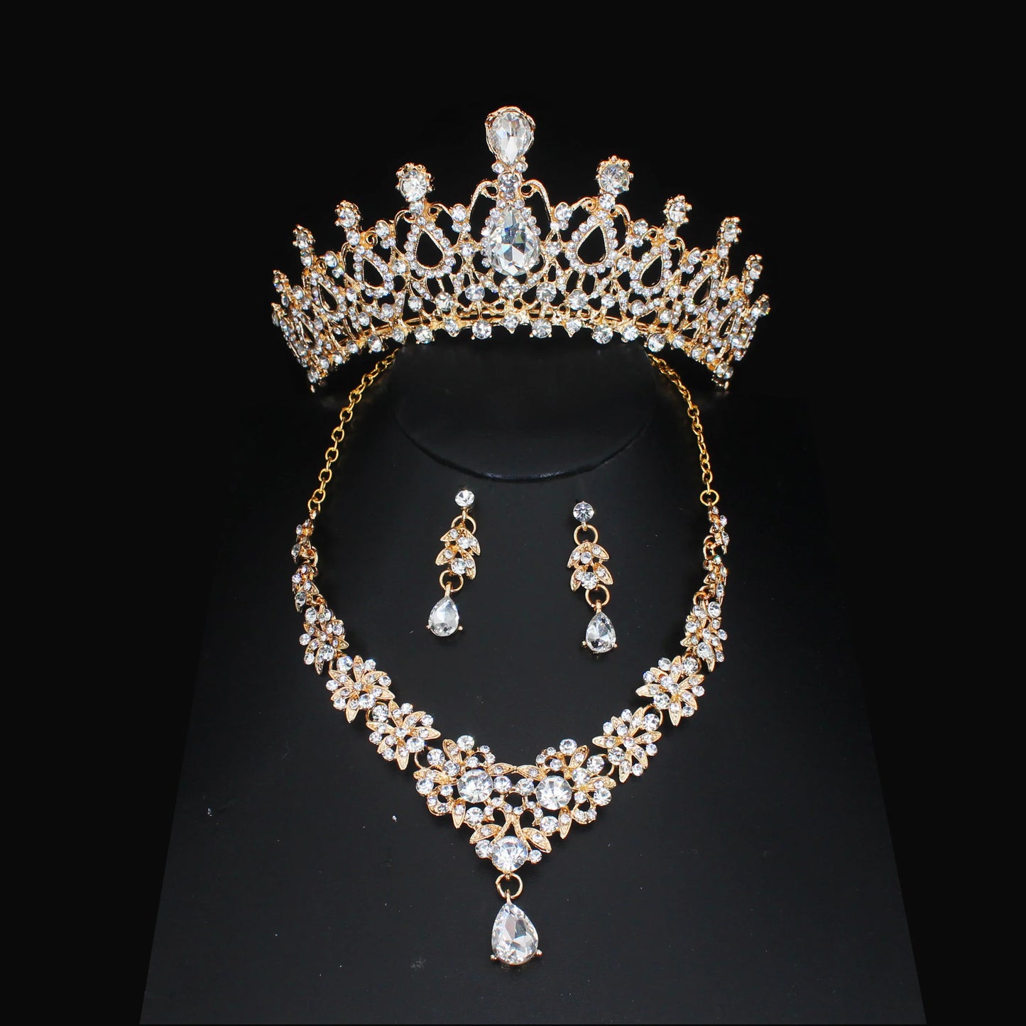 Luxury Crystal Wedding Bridal Jewelry Sets Women/Girl Gold Color Tiara/Crown Earrings Choker Necklace Bride Jewelry Set