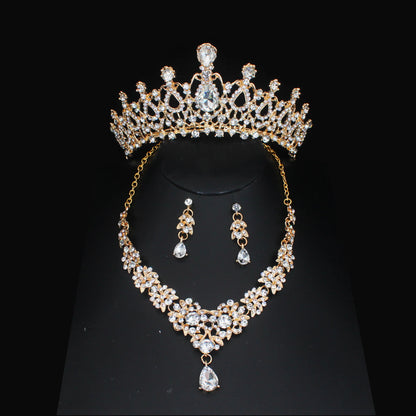 Luxury Crystal Wedding Bridal Jewelry Sets Women/Girl Gold Color Tiara/Crown Earrings Choker Necklace Bride Jewelry Set