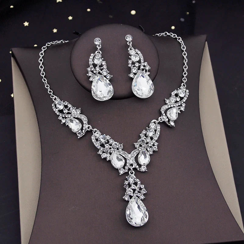 Gorgeous Crystal Jewelry Sets for Women Luxury Choker Necklace Earrings Set Wedding Dress Bridal Costume Necklace Accessories