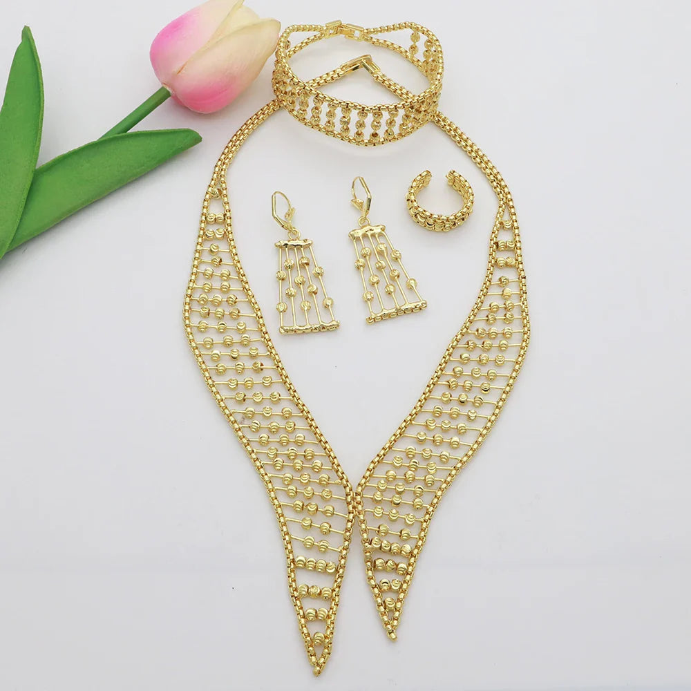 Women Necklace Set Gold Plated Jewelry Choker Luxury Colorful Rhinestone Rings Earrings Bracelet Wedding Jewellery