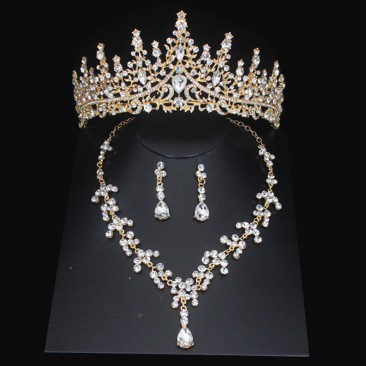 Luxury Crystal Wedding Bridal Jewelry Sets Women/Girl Gold Color Tiara/Crown Earrings Choker Necklace Bride Jewelry Set