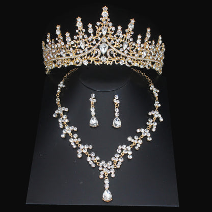 Luxury Crystal Wedding Bridal Jewelry Sets Women/Girl Gold Color Tiara/Crown Earrings Choker Necklace Bride Jewelry Set