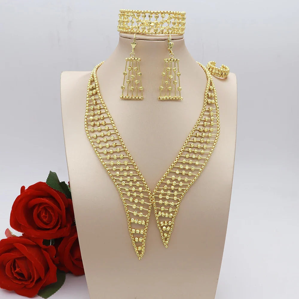Women Necklace Set Gold Plated Jewelry Choker Luxury Colorful Rhinestone Rings Earrings Bracelet Wedding Jewellery