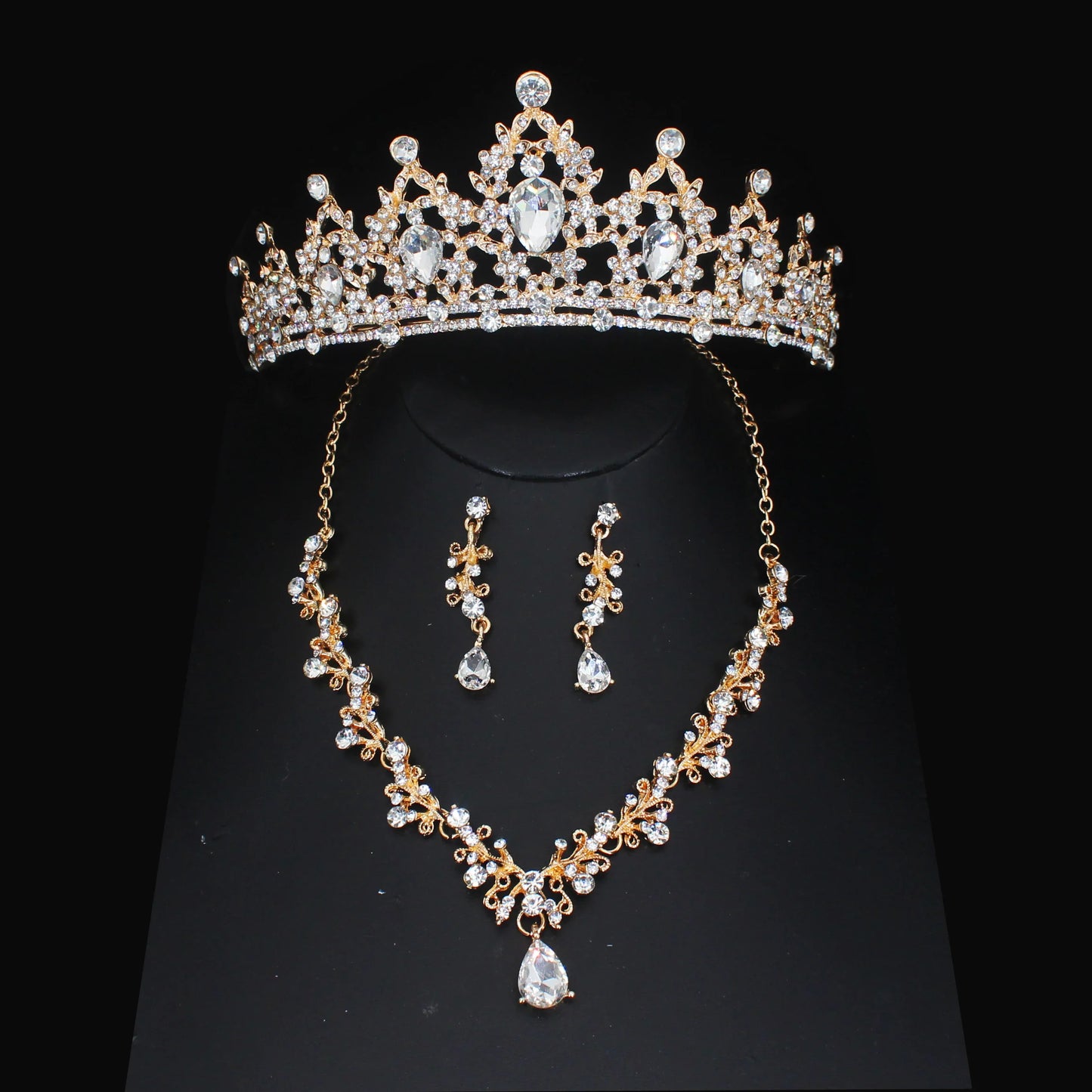 Luxury Crystal Wedding Bridal Jewelry Sets Women/Girl Gold Color Tiara/Crown Earrings Choker Necklace Bride Jewelry Set